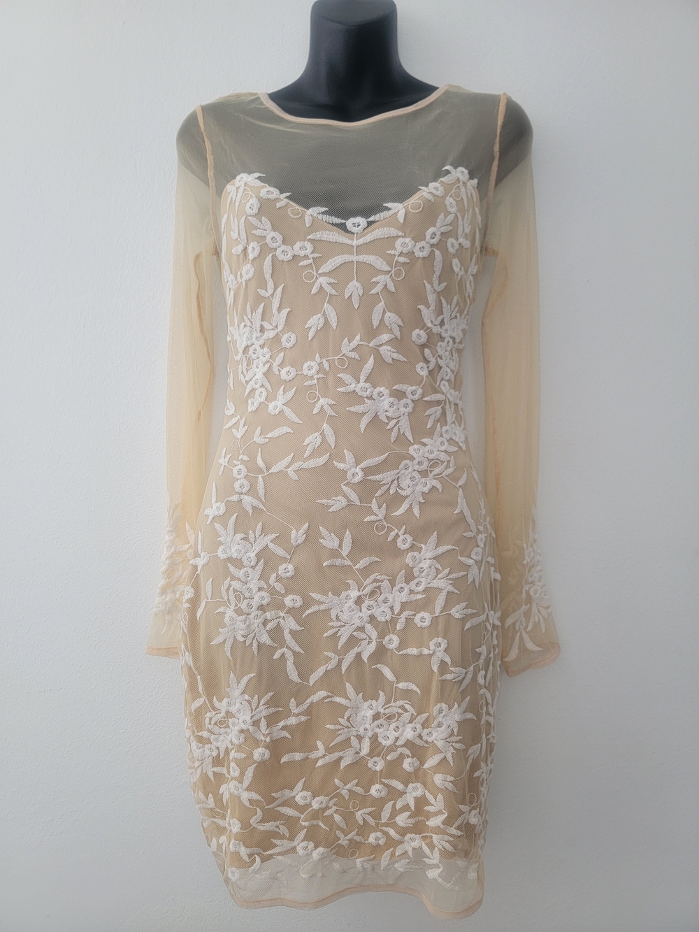 Elegant Beige Embroidered Sheer Sleeve Dress